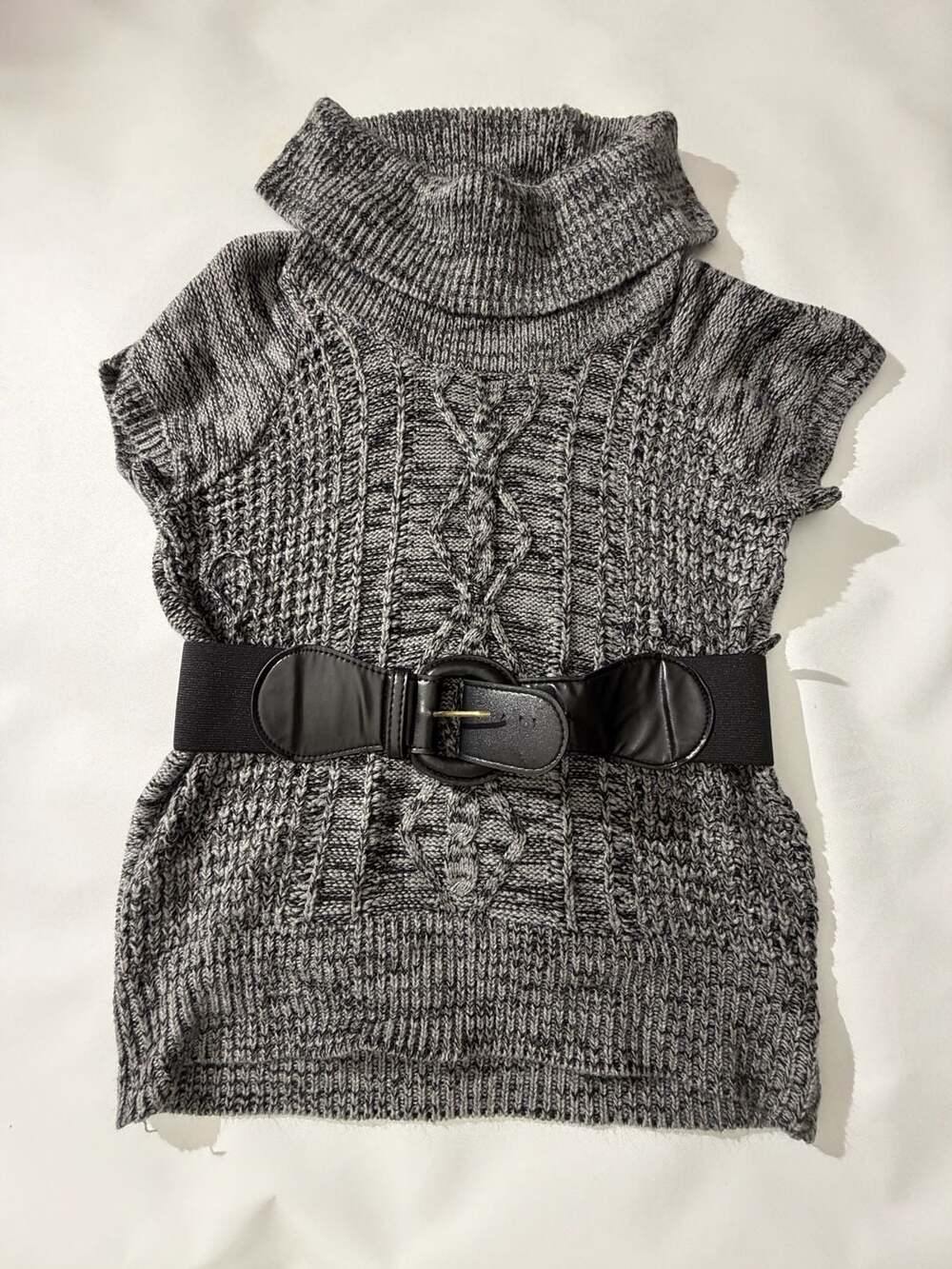 No Boundaries M Gray Cowl Neck Cap Sleeve Sweater Belted Y2K Knit Cozy